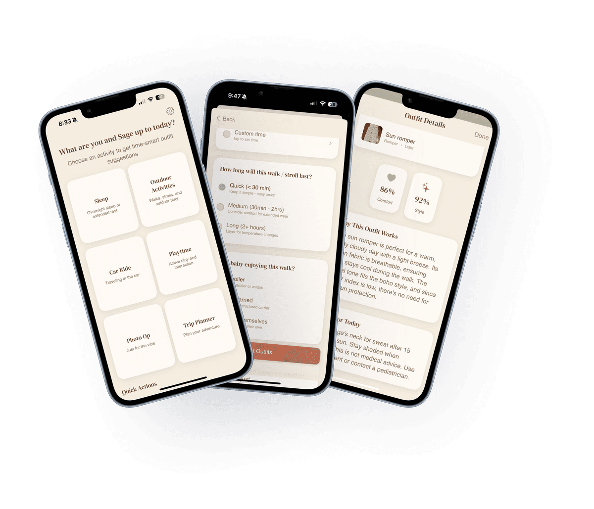 Little Sage app interface showing activity selection and outfit details