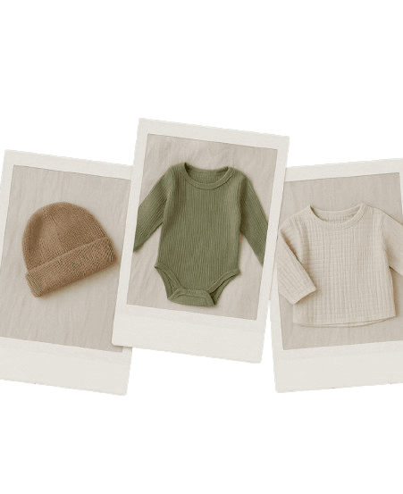 Baby outfit Polaroid collage showing uploaded clothes